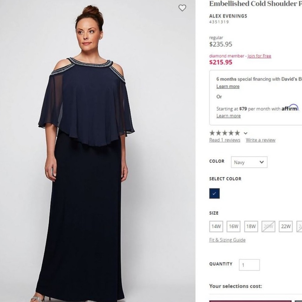 NEW ALEX EVENINGS Gown Dress 18 Navy Embellished Chiffon Cold Shoulder Layered